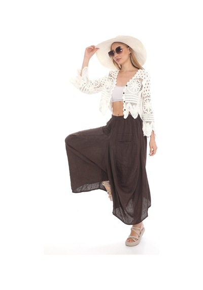 Bohem Stil İtalyan Cepli Keten Şalvar Pantolon Cmn00154 Kahverengi
