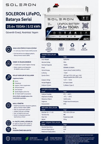 Soleron 25.6v 150ah 5.12kwh Lifepo4 Lityum Akü