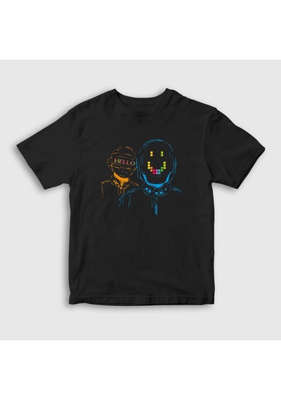Presmono Unisex Çocuk Hello Daft Punk T-shirt Siyah