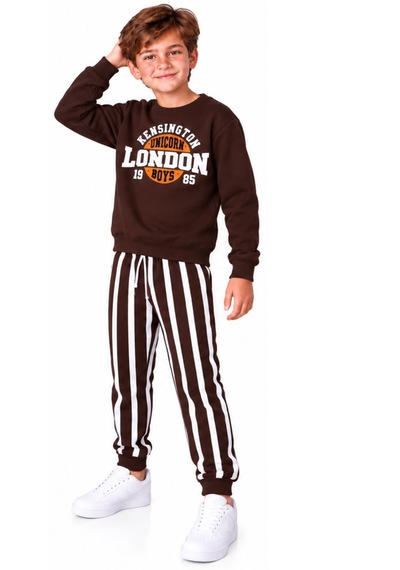 İrem Erkek Çocuk London Yazılı Eşofman Altı Çizgi Modelli Kahverengi Renk Eşofman Takımı İrem Erkek Çocuk London Yazılı Eşofman Altı Çizgi Modelli Kahverengi Renk Eşofman Takımı