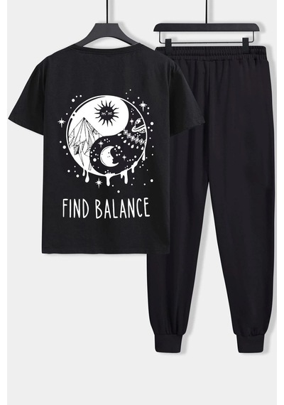 Uyguntarz Unisex Yin & Yang Baskılı 2'li Eşofman Takımı Siyah