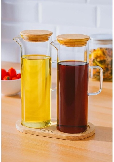3 Parça 400 Ml Borosilikat Yağlık - Bambu Altlık Ve 2 Adet Bambu Kapaklı Cam Yağdanlık Saydam Cam