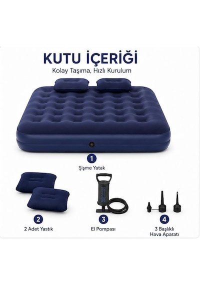 Taşınabilir Çift Kişilik Şişme Yatak + Pompa 203x152x22 Cm Kamp & Misafir Kullanımı Lacivert