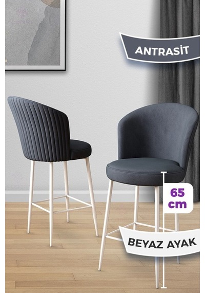 Canisa Alte Serisi 2 Antrasit Sandalye 65 Cm Ada Mutfak Bar Sandalyesi Babyface Kumaş Beyaz Metal Ayaklı Sandalye Antrasit Ayaklar Beyaz