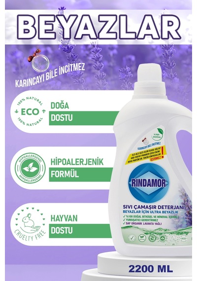 % 100 Doğal Bitkisel Sıvı Çamaşır Deterjanı Organik Lavanta Yağlı - Beyazlar İçin Ultra Beyazlık 2200 ML