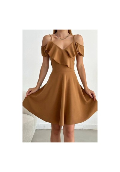 DefyModa Kadın Minimal Esnek Krep Kumaş Kruvaze Yaka Volanlı Abiye Elbise Vizon
