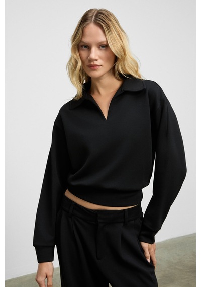 Grımelange Regno Kadın Gömlek Yaka Kol Ve Etek Ucu Manşetli Uzun Kollu Oversize Siyah Sweatshirt Siyah Grımelange Regno Kadın Gömlek Yaka Kol Ve Etek Ucu Manşetli Uzun Kollu Oversize Siyah Sweatshirt Siyah