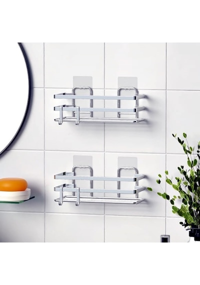 Banyo Düzenleyici Yapışkanlı Metal Banyo Rafı İkili Duş Rafı Organizer Şampuanlık Krom-gnrl281 Krom