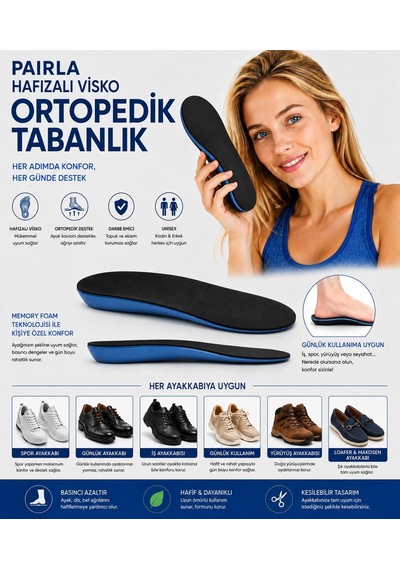 Tr Hafızalı Visko Ortopedik Tabanlık, Memory Foam Teknoloji, İç Ayakkabı Tabanı, Topuk Dikeni, Rahat, Koşu Taban