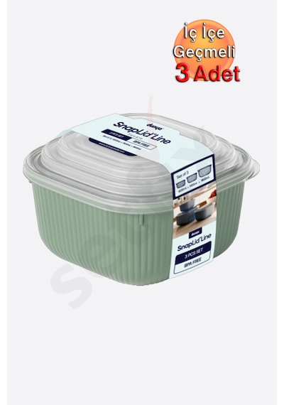 İç İçe Geçmeli Snaplid Kare Saklama Kabı 600 - 1100 - 1800 Ml Üçlü Set Bej