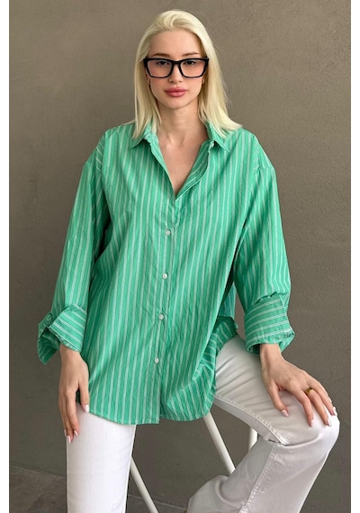 Madmext Mint Yeşili Çizgili Regular Kesim Kadın Gömlek Mg2610 Mint Yeşili
