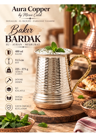 Aura Copper Bakır Bardak/kupa 400 Ml Kalaylı El İşlemeli Tekli/6'lı Bakır - Gold