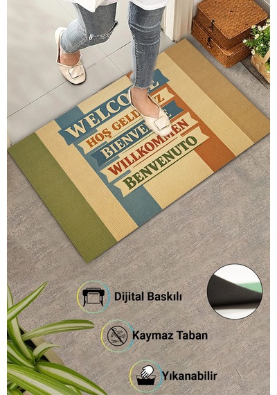 Valerine Life Dünyanın Farklı Dillerinde Hoşgeldiniz İşyeri Ev Ofis Kapı Önü Dış Paspası 45x70cm Kahverengi