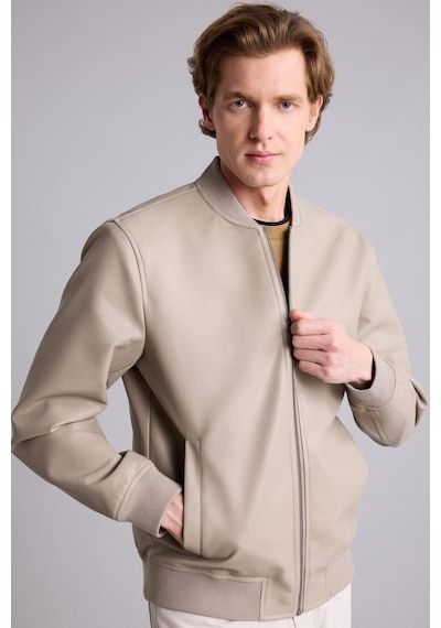 Defacto Su Geçirmez Slim Fit Kolej Yaka Ribanalı Fermuarlı Suni Deri Bomber Mont Y5367az26augr276 Gri-gr276