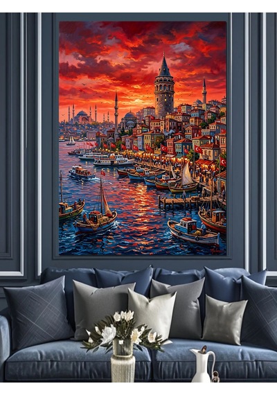 Kırmızı Gökyüzü Ve Galata Kulesi İstanbul Dekoratif Kanvas - Mdf Ahşap Tablo Çok Renkli