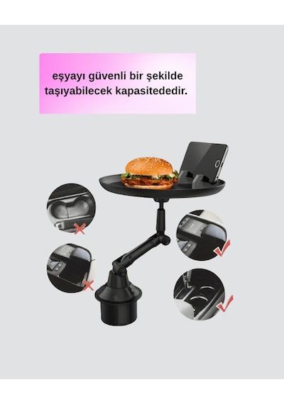 Araç Bardaklık Tepsisi 360 Dönebilen Kol Ayarlı Geniş Yemek Alanlı