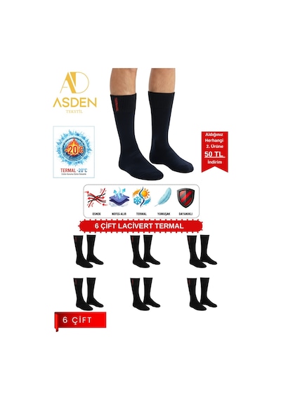 Asden 6 Çift Termal Erkek Çorap Ekstra Kalın Havlu Premium Pamuklu Burun Dikişsiz Kısa Konç Siyah Lacivert6