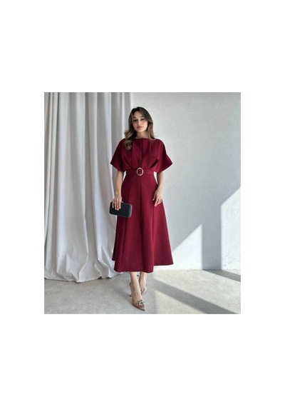 Meecy Maxi Siyah Kemerli Elbise Bordo Bordo