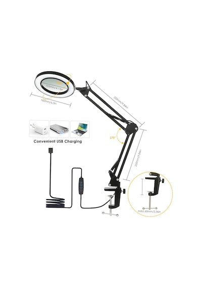 8x Büyüteçli Led 360 Derece Ayarlanabilir Masa Lambası 3 Renk Modlu Metal Esnek Kelepçeli