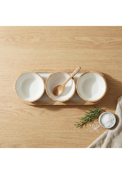 Mango Ağacı Standlı 3'lü Kase Seti - İçi Emaye Kaplama Doğal Ahşap Çerezlik Ve Sosluk - 30 Cm Sunum Tepsili Dekoratif Set Düz Desen
