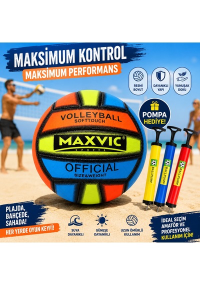 Official Soft Touch Voleybol Topu + Pompa Hediyeli Resmi Boyut Ve Ağırlık Dayanıklı Dikişli Voleybol Topu Çok Renkli