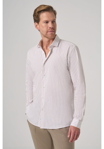 Morven Erkek Bej Pamuk Trend Çizgili Slim Fit Yarım İtalyan Yaka Gömlek 26mc004029653 Bej