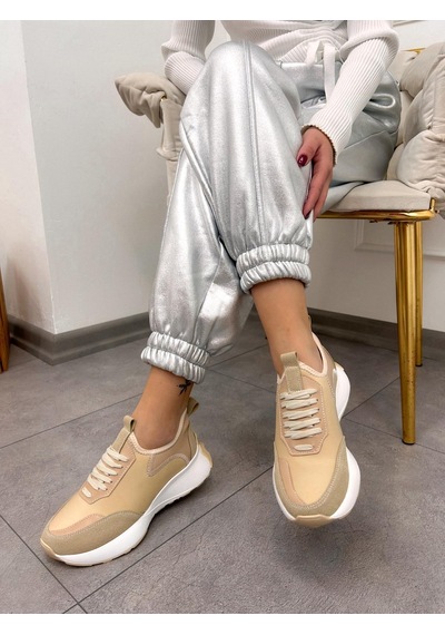 Erva'nın Butiği Bej Triko Mines Kadın Bağcıklı Sneakers-5222