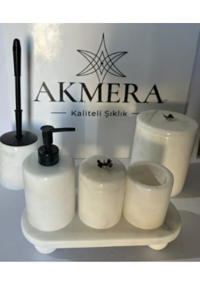 Akkaya Mermer %100 Doğal Mermer Siyah Aksesuarlı Lüks Banyo Seti Şık Banyo Aksesuar Seti Beyaz