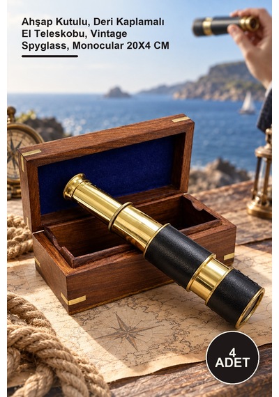 4 Adet Pirinç Dürbün Ahşap Kutulu, Deri Kaplamalı El Teleskobu, Vintage Spyglass, Monocular 20x4 Cm Sarı