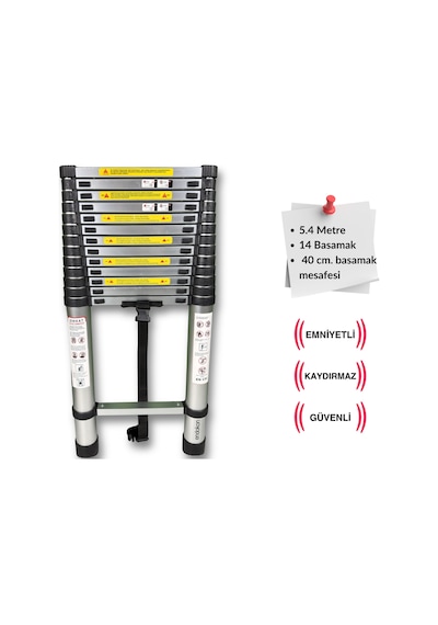 Endokon 540 Cm. - 14 Basamaklı Teleskopik Alüminyum Merdiven - I Tipi Uzayan Merdiven