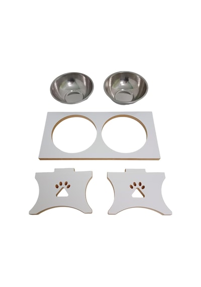 Realwood Köpek Su ve Mama Kabı Standı Küçük Orta Irk Beyaz Mdf Çelik Kase 2 x 400 ML