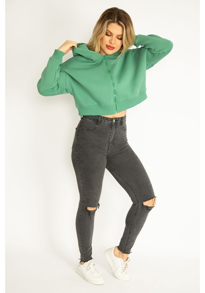 Şans Kadın Yeşil 3 İplik Polar Ön Fermuarlı Kapşonlu Sweatshirt 65n35050-yeşil Yeşil