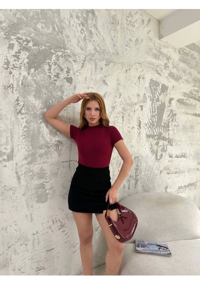 Soonaksesuar Kısa Kol Badi Bluz - Bordo Bordo