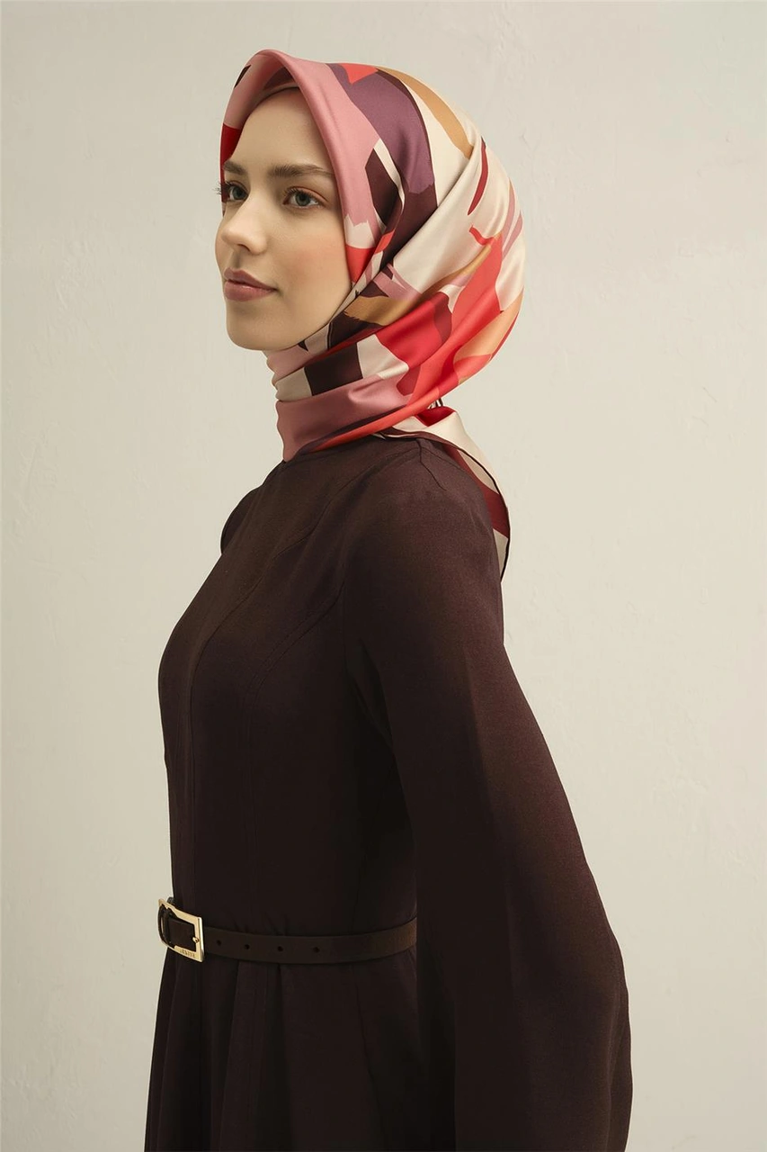 Armine Soyut Desenli Saf İpek Sura Eşarp 9328d 83 Pembe