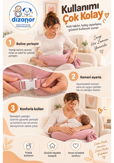 Dizanor Ayarlanabilir Kemerli Çok Amaçlı Emzirme Minderi Fermuarlı Yıkanabilir Kılıf 56x50x11 Cm - Pembe