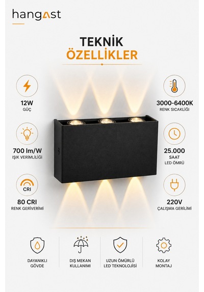 Pilli Gün Işığı 12w 3 Led Çift Yönlü Siyah Duvar Aplik Dekoratif Led Aydınlatma İç Dış Mekan Siyah