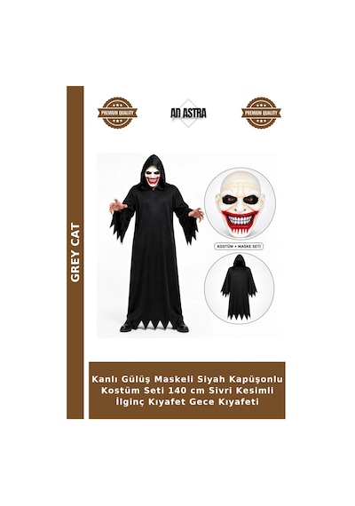 Kanlı Gülüş Maskeli Siyah Kapüşonlu Kostüm Seti 140 Cm Sivri Kesimli İlginç Kıyafet Gece Kıyafeti