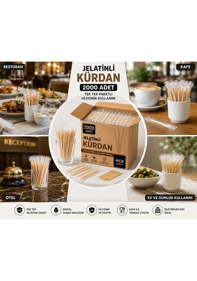 2000 Adet Jelatinli Kürdan Tek Tek Paketli Hijyenik Ahşap Kürdan Restoran Kafe Otel İşletme
