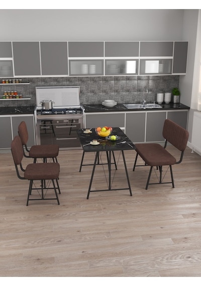 Hayat 70x110 Bendir Mutfak Masası, Mutfak Masası Takımı, Yemek Masası, 2 Sandalye 1 Bench - Kahverengi Kahverengi