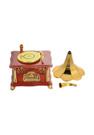 Nostaljik Mini Kahverengi Gramafon Müzik Kutusu - Mekanik Masa Aksesuarı Hediyelik Kahverengi