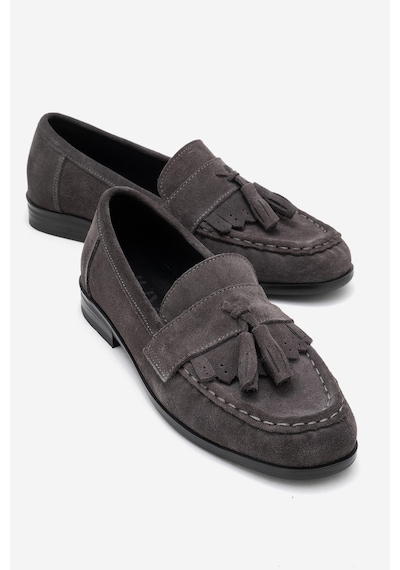 Luvishoes Luvi Shoes Lupen Gri Süet Püsküllü Hakiki Deri Kadın Loafer Ayakkabı Gri