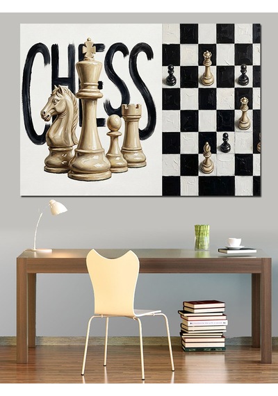 Satranç Taşları Ve Chess Yazısı Dekoratif Kanvas - Mdf Ahşap Tablo