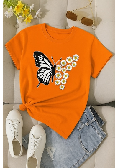Papatyalı Kelebek Baskılı Unisex Tişört Çok Renkli