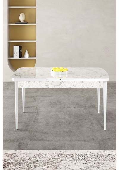 Canisa Gale Serisi 80x132 Açılabilir Lak Panel Beyaz Mermer Desen Mutfak Masa Takımı 4 Krem Sandalye Masa Beyaz Mermer Desenli Sandalyeler Krem