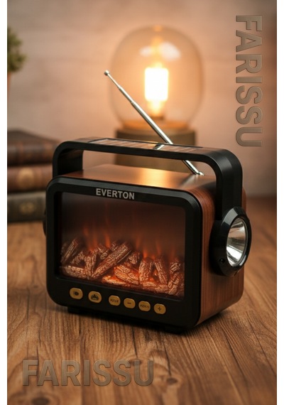 Rt-734 Gerçek Eskitme Görünümlü Şömine Efektli Nostaljik Radyo Güneş Enerjili, Bluetooth'lu, Fenerli
