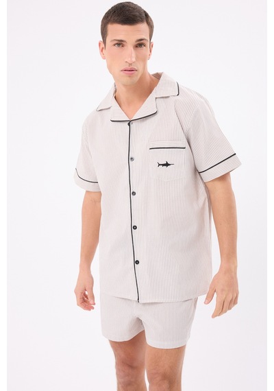 L'espadon Marısılk Seastrıpe Erkek Yazlık Şortlu Gömlekli Pijama & Lounge Takımı-3175 Bej