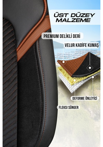 Siyah - Taba Garni Panda Monte Carlo Serisi Velor Kadife Kumaş Oto Koltuk Kılıfı - Tam Set