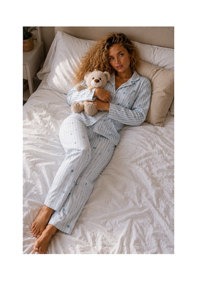 Fit Women Kadın Örme Gömlek Yaka Mavi Pijama Takımı