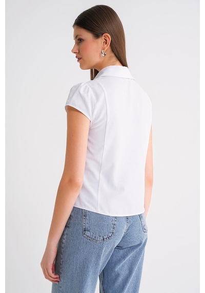 Mixray 4698 Kadın Ay Kol Fit Pensli Gömlek Beyaz