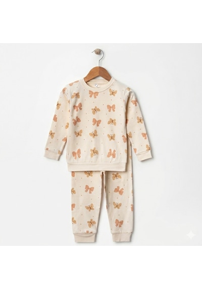 Kız Çocuk Kelebek Desenli %100 Pamuk İnterlok Kumaş Pijama Takımı 3-6 Yaş Krem